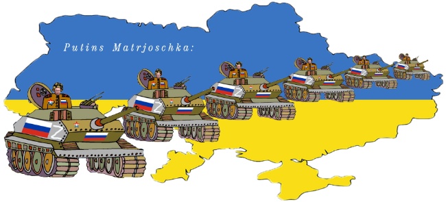 Matrjoschka: ineinander schachtelbare russische Holzpuppen; Putins Matrjoschka: egal was Putin für einen Frieden in der Ukraine anbietet, es kommt immer wieder nur Putin heraus, der die freie Ukraine vernichten und zu einem Teil Russlands machen will.